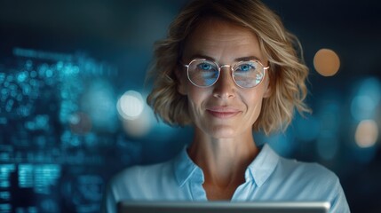 European Female Teacher Using AI Tablet in Modern Classroom