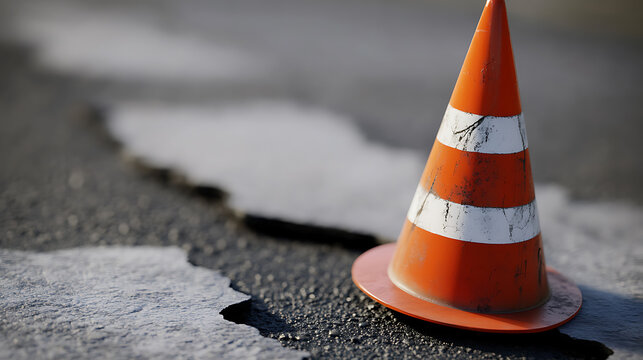 An orange and white striped safety cone sits on cracked asphalt, warning of potential hazards. Road construction sign for traffic control during street repairs.