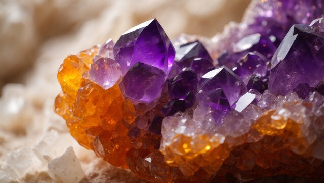 Amethyst and citrine geode displaying vibrant purple and orange crystal formations, highlighting natural beauty, geological wonder, and mineralogy of gemstones