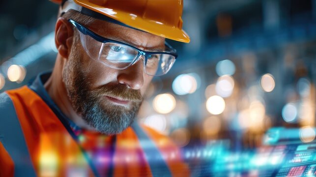 European Male Construction Engineer Reviewing Holographic Plans