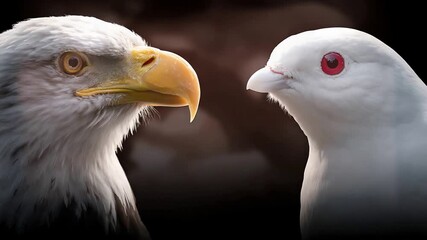 Majestic Bald Eagle and White Dove Face Off in Intense Close Up.