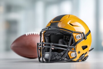 Fototapeta premium Close-up shot capturing a yellow and black American football helmet beside the ball, symbolizing the spirit and excitement of the game.