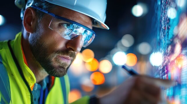 European Male Construction Engineer Reviewing Holographic Plans