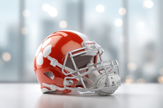 A close-up of a shiny red football helmet with a white logo, on a white surface, with a blurred out-of-focus background, a symbol of determination and sportsmanship.