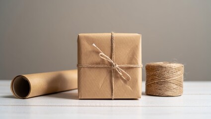 Handcrafting a present or gift box using brown kraft paper. Natural twine. And preparing with a roll of wrapping paper for a rustic. Eco friendly