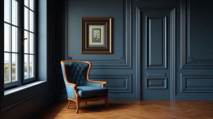 Elegant Blue Room Interior 3D Render of Classic Chair and Artwork, Interior Design, Room Visualization Keywords 3D rendering, interior design