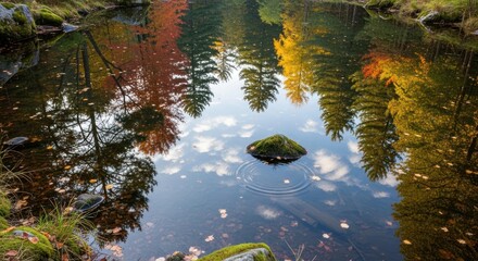 Vibrant Autumn Forest Reflections in a Serene Pond with Ripples and Fallen Leaves