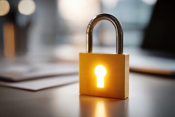 Fototapeta premium A golden padlock with a glowing keyhole sits on a table, symbolizing security, protection and privacy of data, surrounded by document and office supplies.