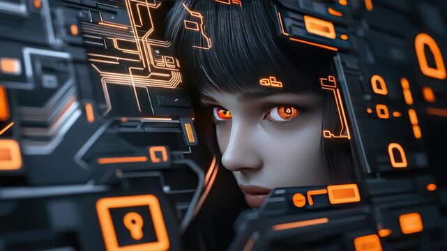 A striking portrait captures human emotion and technology, featuring glowing eyes and intricate circuit designs that highlight innovation