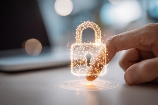 A digital padlock hovering over a surface with a hand, symbolizing cybersecurity and protection against digital threats for personal data and secure online transactions.