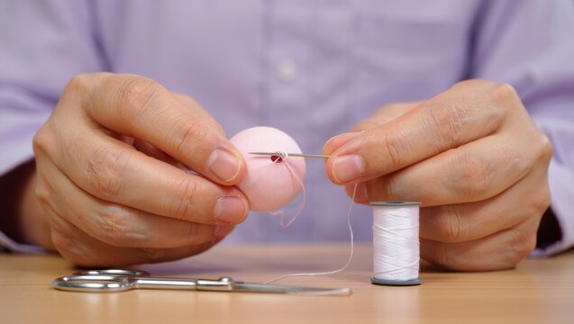 Person's hands meticulously sewing a light pink fabric ball with a needle and white thread, focusing on the detail of handmade craftsmanship and diy textiles - Powered by Adobe