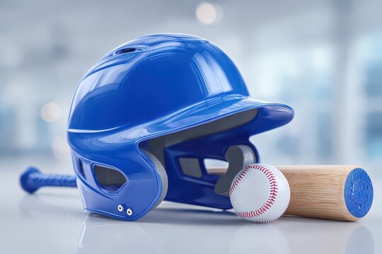 A close-up shot showcasing baseball equipment: a bat, ball, and a protective helmet with bright colors enhancing the clarity and sharpness of the image. - Powered by Adobe