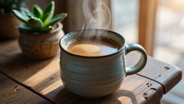 Warm steaming coffee mug sitting on a rustic wooden table by a sunny window, creating a cozy morning and comforting atmosphere for a relaxing break at home