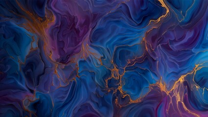 Abstract alcohol ink art showing fluid blue and purple colors with sparkling golden veins creating a modern luxury marble texture background or pattern