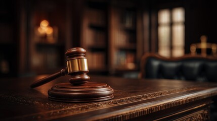 Obraz premium Gavel on Wooden Desk Justice Concept, Close-up Photography, Dark Brown Tones, Law, Legal Law, Justice