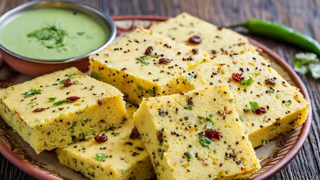 Delicious Indian Khaman Dhokla served with mint chutney and chili.