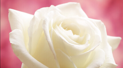 A single white rose in extreme close-up, blurred pink background creating a romantic Valentine atmosphere.