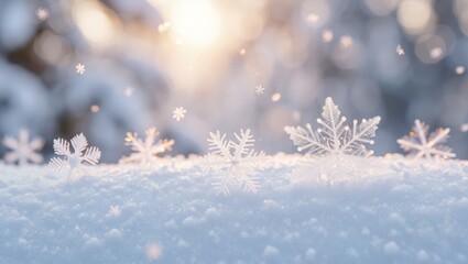 Close up ice crystals rest on fresh snow, delicate winter frost sparkling against warm glowing bokeh, evoking festive, serene cold weather beauty and seasonal magic