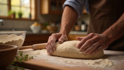 Chef's hands kneading fresh homemade dough with flour on a wooden board in a rustic kitchen setting, preparing ingredients for baking bread or pizza from scratch