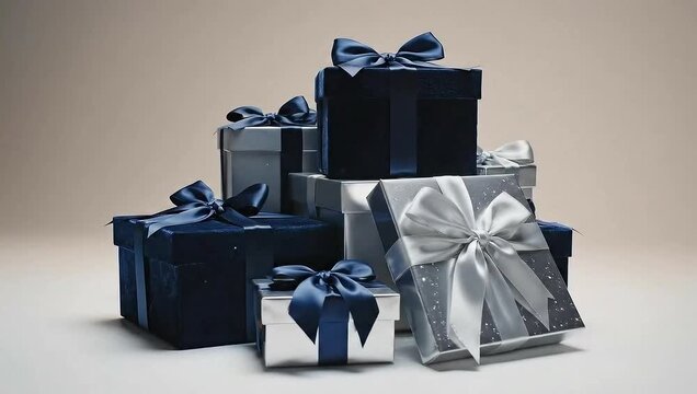 Slow rotating shot of blue and silver modern Christmas gifts