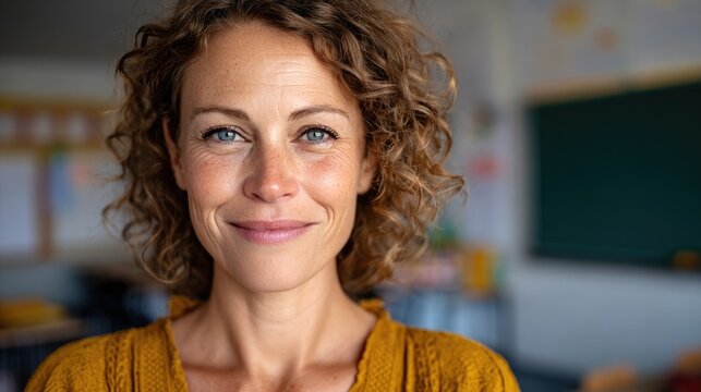 Portrait of European Female Teacher in Modern Classroom
