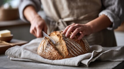 Person slicing freshly baked rustic homemade sourdough bread on a kitchen counter, preparing it for a wholesome breakfast or healthy meal