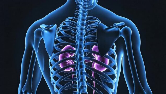 Rotating 3D transparent body with glowing kidneys