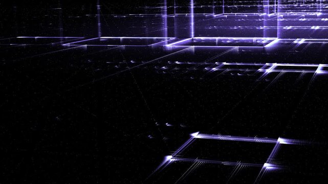 Leuchtende gitterf&ouml;rmige Geometrie f&uuml;r Technologie, Energie, Produktion & Datentransfer &ndash; moderne Architektur, Planung & Sicherheit visualisiert, violett, lila
