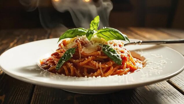 Cinematic close-up orbit of gourmet pasta dish