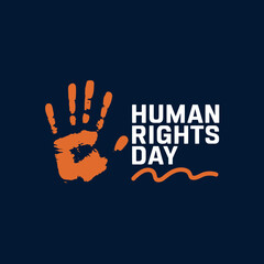 Fototapeta premium Human rights day celebration with orange handprint and text on dark blue background, symbolizing advocacy and awareness for universal rights and freedoms