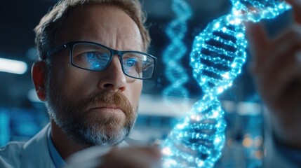 Researcher Analyzing Glowing DNA Hologram in Futuristic Lab
