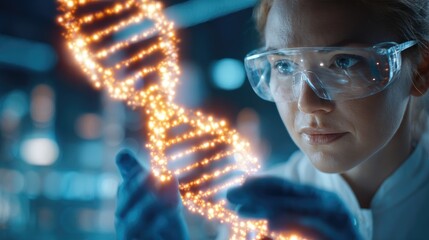Researcher Analyzing Glowing DNA Hologram in Futuristic Lab
