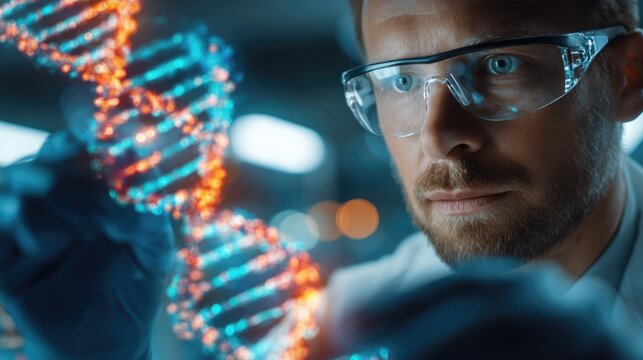 Researcher Analyzing Glowing DNA Hologram in Futuristic Lab