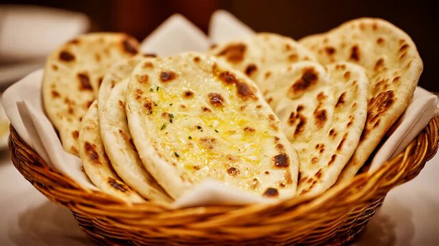 Delicious Golden Butter Naan Bread Served Warm in Woven Basket.