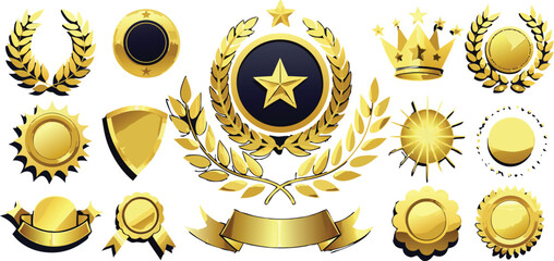 Collection of shiny golden emblems, awards, laurels, crowns, and shields