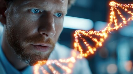 Researcher Analyzing Glowing DNA Hologram in Futuristic Lab
