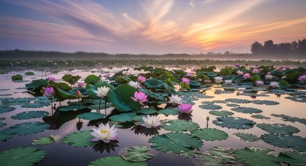 Vibrant Lotus Flowers Blooming on a Misty Lake Surface at Golden Hour Sunrise
