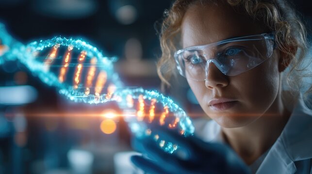 Researcher Analyzing Glowing DNA Hologram in Futuristic Lab