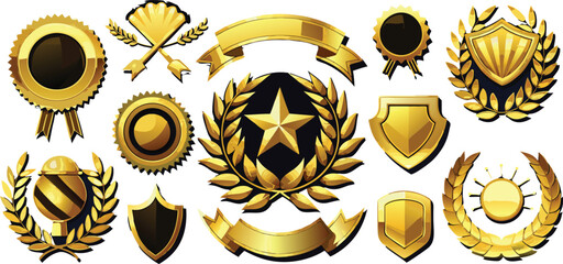 Golden premium badges, awards, ribbons, shields, and emblems