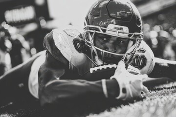 Close-up black and white portrait of determined football player in action, focused and ready, wearing full gear with intense gaze on the field.