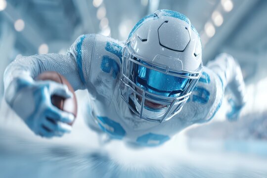 A dynamic action shot of an American football player diving forward with the ball, illuminated in a bright, futuristic setting, showcasing speed and determination.