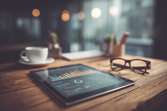 Workspace setup with a digital tablet showing data analysis, a cup of coffee, and glasses, creating a modern and productive work environment on a wooden desk. - Powered by Adobe