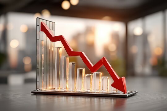 A stylized 3D bar graph displaying a clear downward trend with a bold red arrow, symbolizing financial loss, market downturn, and economic recession in a modern setting.