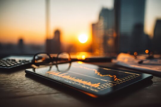 Analyzing stock market data on a tablet with sunset and city view in the background, illustrating financial analysis, investment strategies, and business planning.