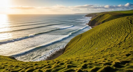 Golden Hour Panorama: Serene Coastal Landscape with Rolling Ocean Waves and Grassy Cliffs