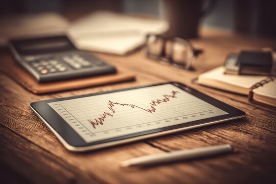 Close-up shot of a tablet displaying a stock market chart with a declining trend, placed on a wooden desk with a calculator and coffee mug showing business downturn.