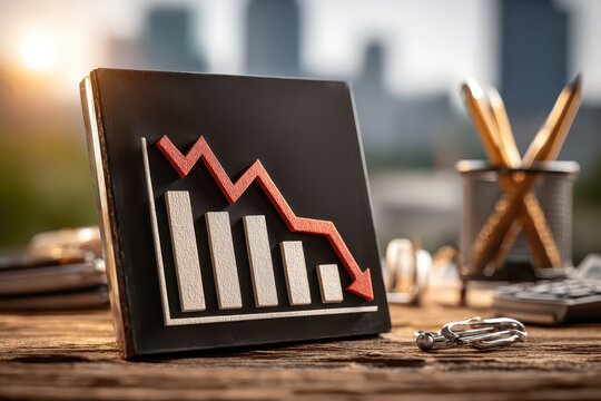 A wooden desktop with a falling graph indicating financial downturn, economic crisis, market decline, investment loss, and business challenges, highlighting financial struggles.