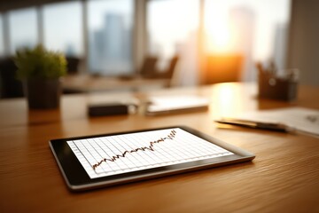 Tablet displaying a growth chart on an office desk, representing financial success and business expansion, ready for data analysis and review.