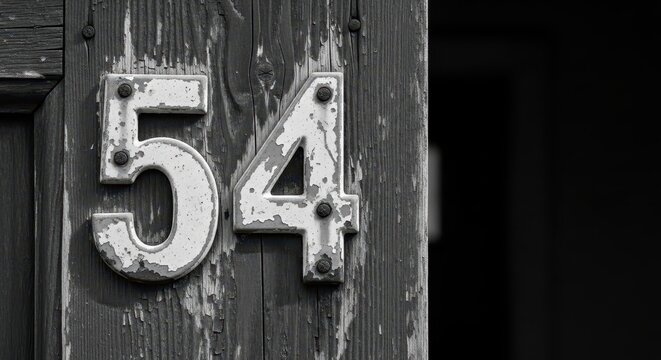 Fototapeta House number fifty-four vintage metal digits on weathered wooden door black and white photography