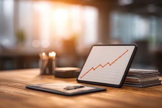 An office desk showcases a tablet displaying a rising graph with increasing trend, promising financial growth and success in business, symbolising market progress